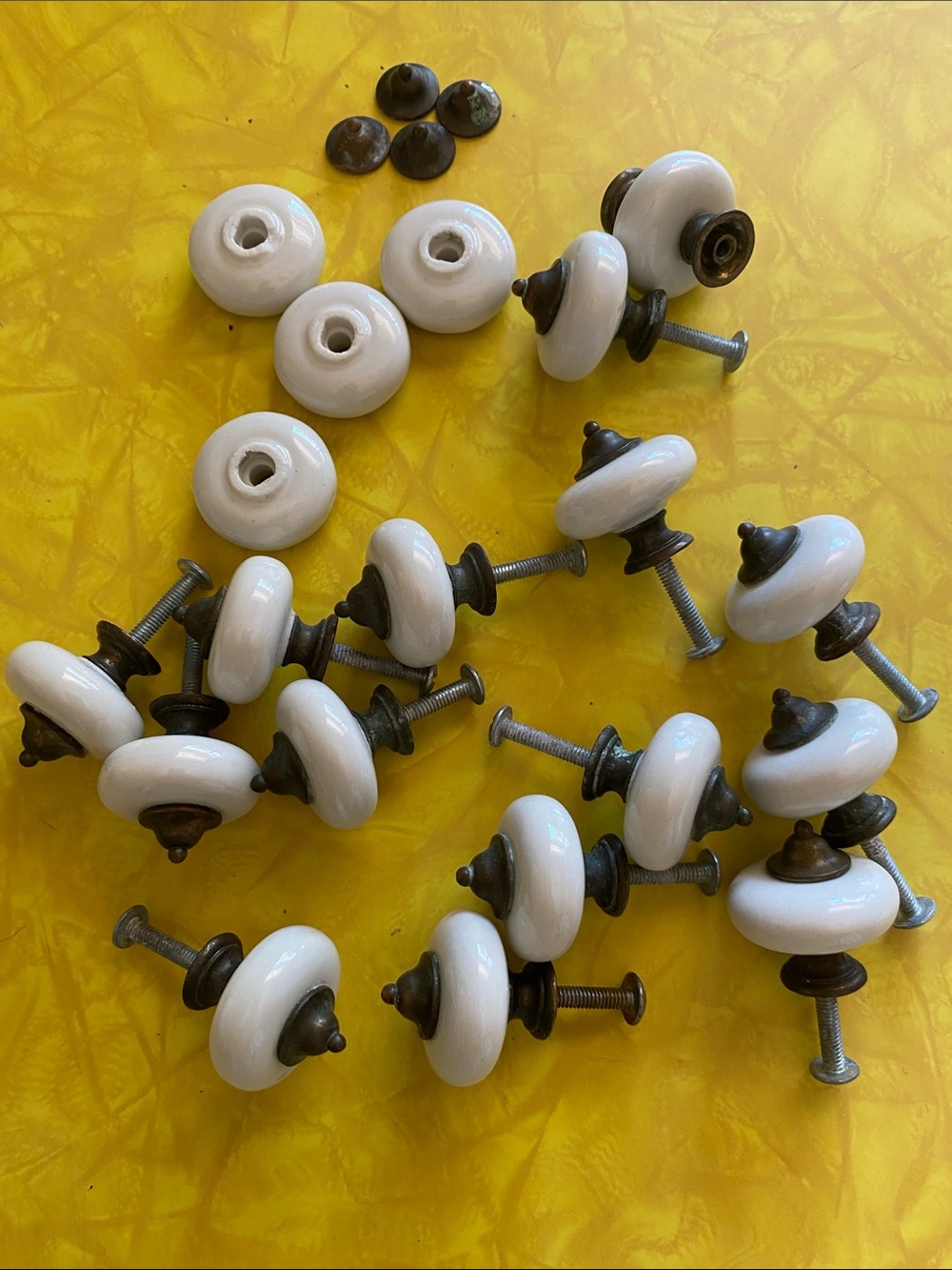 Vintage Porcelain Drawer Knobs with Bronze Bases